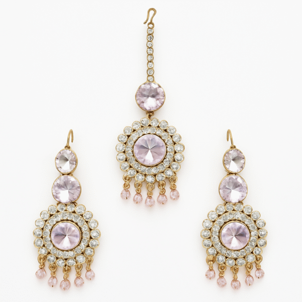 Premium Rose Gold Plated American Diamond Earrings & Maang Tikka Set
