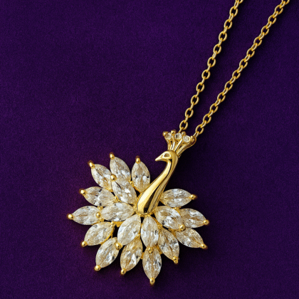 Royal Peacock Gold Pendant Necklace with Sparkling Zircon Stones