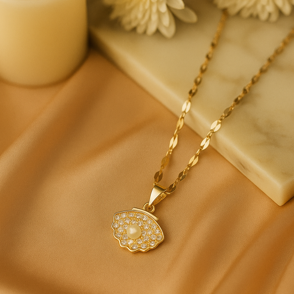 Golden Seashell Pendant Necklace with Pearl & Zircon Stones