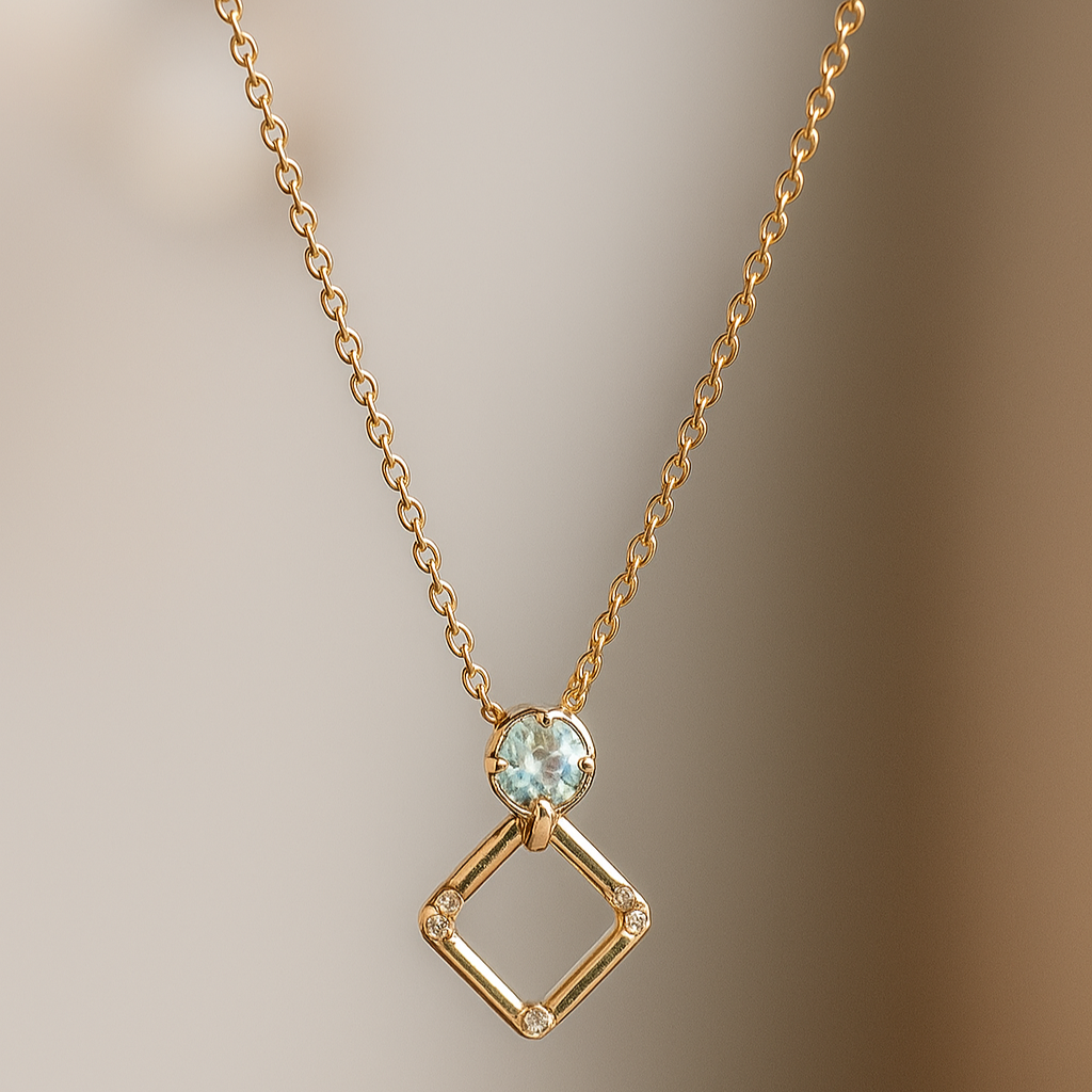 Modern Geometric Gold Pendant Necklace with Blue Stone Accent